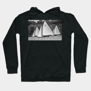 Two men racing a brown boat on Wroxham Broad, Norfolk Hoodie